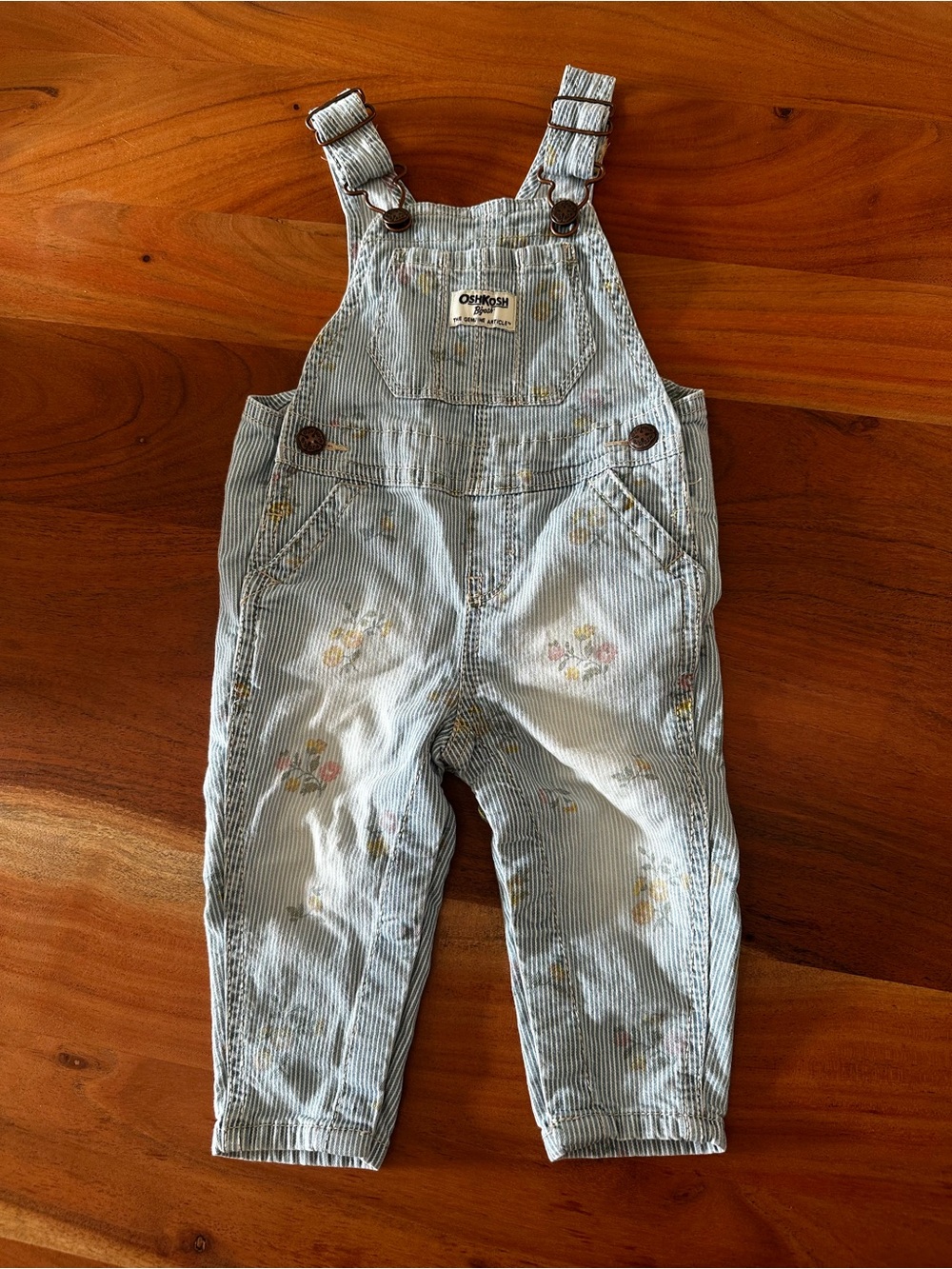 OshKosh B'gosh Light Blue Pinstriped Overalls with Floral Accents